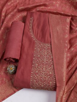 MEENA BAZAAR - Embroidered Red Chanderi Unstitched Dress Materials with Dupatta