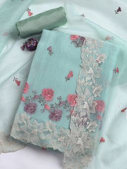MEENA BAZAAR - Embroidered Sea Green Art Silk Unstitched Dress Materials with Dupatta