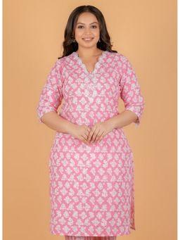 ARAMYA - Women Pink Soft Cotton Straight Floral Print Kurta