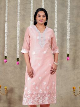 ARAMYA - Women Peach Chanderi Straight Floral Print Kurta