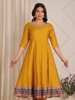 ARAMYA - Women Yellow Muslin Flared Solid Kurta