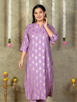ARAMYA - Women Purple Roman Silk Straight Gold Foil Print Kurta