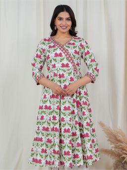 ARAMYA - Women Off White Soft Cotton Angarkha Floral Print Kurta