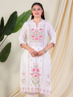 ARAMYA - Women Off White Soft Cotton Straight Floral Print Kurta
