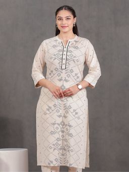 ARAMYA - Women Beige Soft Cotton Straight Geometric Print Kurta