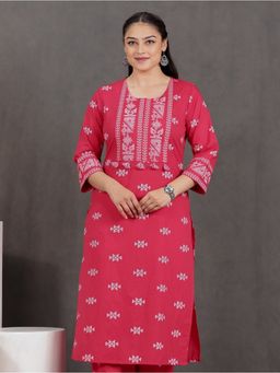 ARAMYA - Women Red Soft Cotton Straight Geometric Print Kurta