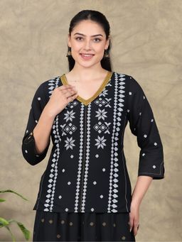 ARAMYA - Women Black Soft Cotton Placement Print Kurti