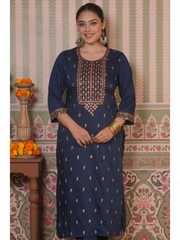 ARAMYA - Women Navy Blue Poly Silk Solid Kurta
