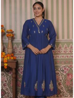 ARAMYA - Women Blue Poly Blend Solid Kurta