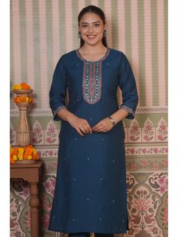 ARAMYA - Women Teal Roman Silk Solid Kurta