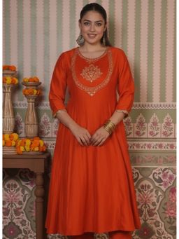 ARAMYA - Women Rust Roman Silk Solid Kurta