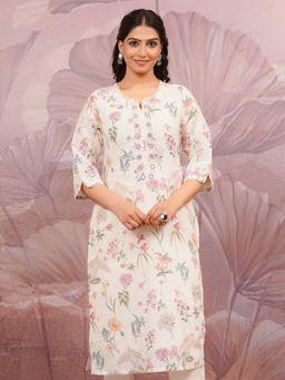 ARAMYA - Women Beige Linen Cotton Floral Print Kurta