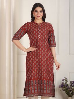 ARAMYA - Women Red Soft Cotton Straight Butti Print Kurta