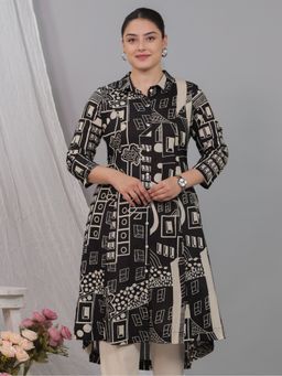 ARAMYA - Women Black Soft Cotton High Low Geometric Print Kurta