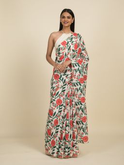 Suta - Off White Floral Digital Printed Cotton Saree