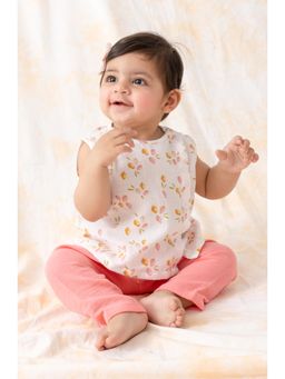 TIBER TABER - White Kids Floral Jhabla with Pyjamas (Set of 3)