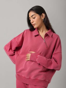 NeceSera - 100% Cotton Terry Red Diagonal Zipper Sweatshirt