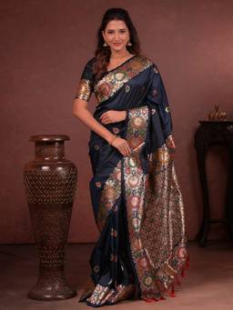 URBAN PALLU - Festive Silk Woven Navy Blue Saree