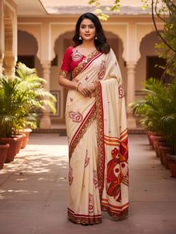 URBAN PALLU - Festive Printed Off White Saree