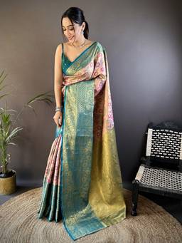 URBAN PALLU - Women Festive Silk Woven Peach Saree