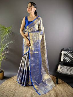 URBAN PALLU - Women Classic Indian Silk Woven Blue Saree