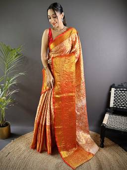 URBAN PALLU - Classic Indian Silk Orange Woven Saree