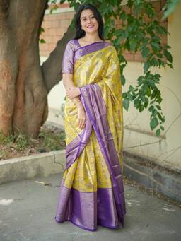 URBAN PALLU - Women Festive Silk Woven Yellow Saree