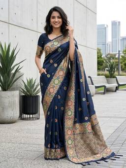 URBAN PALLU - Women Luxurious Silk Woven Navy Blue Saree