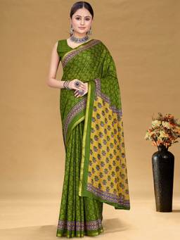 URBAN PALLU - Women Cotton Green Floral Saree