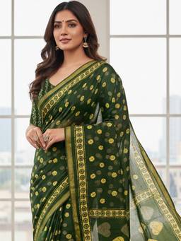 URBAN PALLU - Women Cotton Floral Green Saree