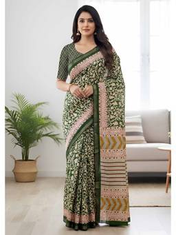 URBAN PALLU - Women's Cotton Printed Green Saree