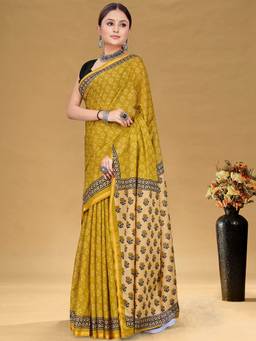 URBAN PALLU - Cotton Floral Yellow Saree