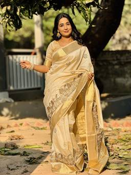 URBAN PALLU - Festive Silk Embroidered Beige Saree