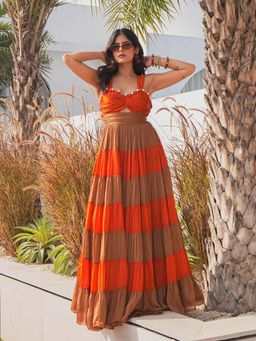 ORDINAREE - Orange and Chocolate Brown Strappy Layer Long Dress