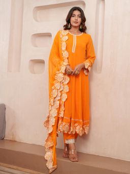 Gahan - Geogrette Solid/ Plain with Floral Embroidered Orange Anarkali Pant & Dupatta (Set of 3)