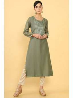 Soch - Women Olive Chanderi Embroidered Kurta