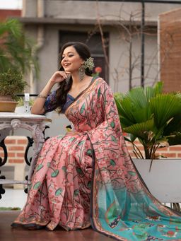 Odette - Peach Mul Linen Blend Saree with Unstitched Blouse