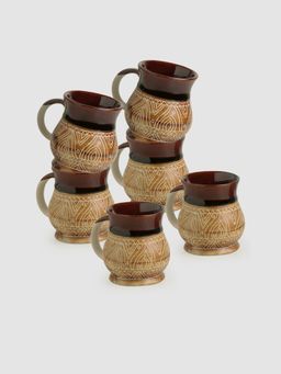 ExclusiveLane - Cocoa Fire Carvings Ceramic Studio Pottery Tea Coffee Mugs -Set Of 6