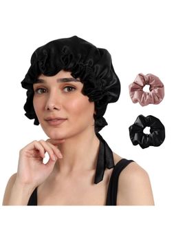 Mueras - Women Black Satin Hair Bonnet and 2 Scrunchies