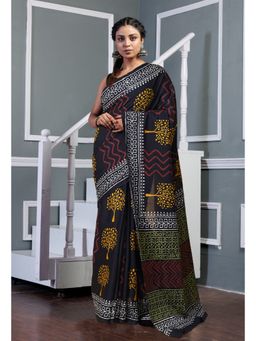 Unnati Silks - Black Pure Hand Block Printed Soft Cotton Saree with Unstitched Blouse
