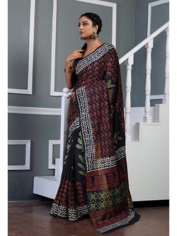 Unnati Silks - Black Pure Hand Block Multi Printed Soft Cotton Saree with Unstitched Blouse