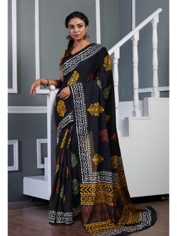 Unnati Silks - Women Black Pure Hand Block Printed Soft Cotton Saree with Unstitched Blouse