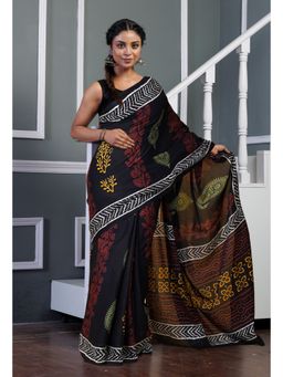 Unnati Silks - Black Soft Cotton Pure Hand Block Printed Saree with Unstitched Blouse
