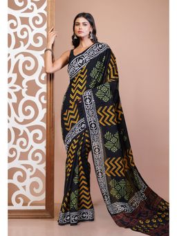 Unnati Silks - Black Pure Hand Block Printed Cotton Saree with Unstitched Blouse