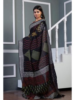 Unnati Silks - Pure Hand Block Black Printed Soft Cotton Saree with Unstitched Blouse