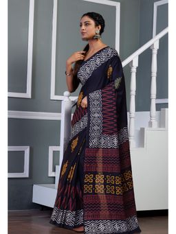 Unnati Silks - Beautiful Black Pure Hand Block Printed Soft Cotton Saree with Unstitched Blouse