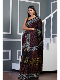 Unnati Silks - Black Pure Leaf Hand Block Printed Soft Cotton Saree with Unstitched Blouse