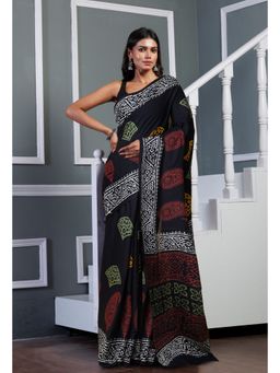 Unnati Silks - Women Pure Hand Block Printed Black Soft Cotton Saree with Unstitched Blouse