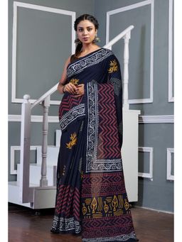Unnati Silks - Women Black Pure Hand Block Printed Soft Cotton Saree with Unstitched Blouse