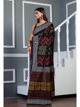 Unnati Silks - Black Hand Block Printed Soft Cotton Saree with Unstitched Blouse